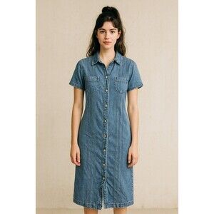 Vintage Denim Dress Womens M Blue Jean Button‎ Front Short Sleeve Midi Western